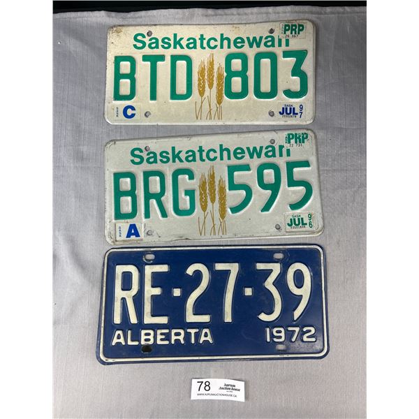 Lot of 3 Vintage License Plates Alberta '72 + 2 Saskatchewan