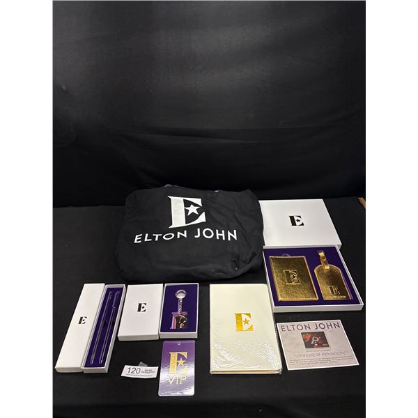 Very Nice Collectible Elton John Lot Vip Bag, Passport Holder + Luggage Tag, Keychain, Notebook and 