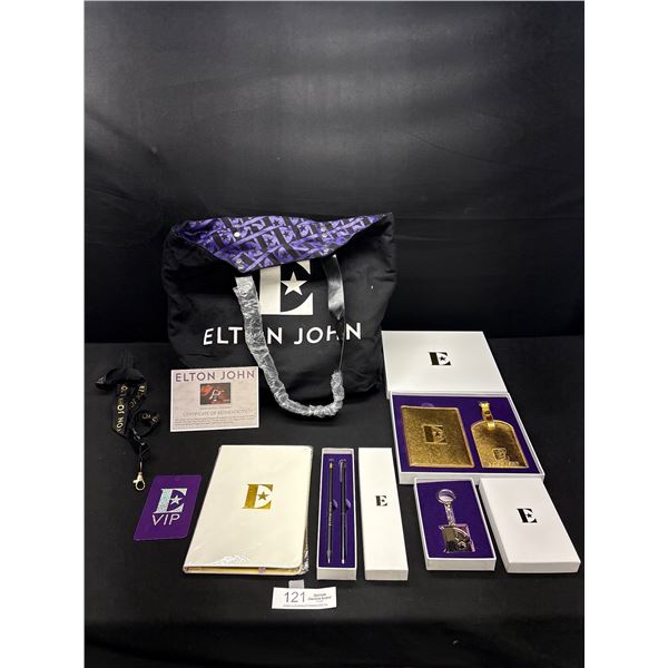 Very Nice Collectible Elton John Lot Vip Bag, Passport Holder + Luggage Tag, Keychain, Notebook and 