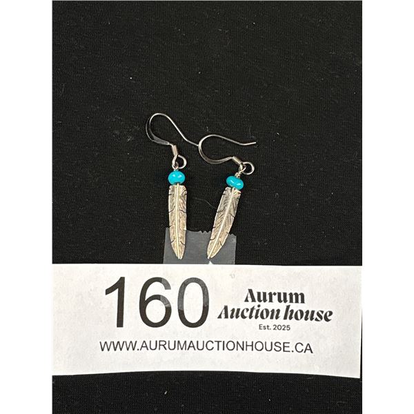 Vintage Sterling Silver Turquoise Feather Earrings