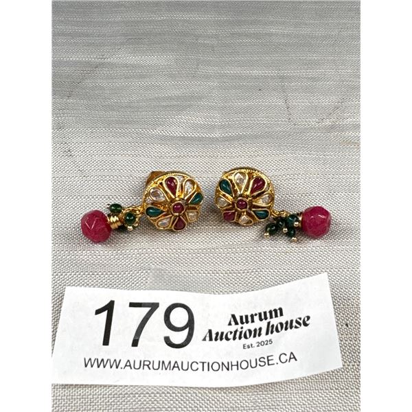 Unmarked Asian Gold Tone Earrings Genuine Ruby Stone Drop Solid Nice!