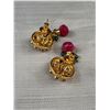Image 4 : Unmarked Asian Gold Tone Earrings Genuine Ruby Stone Drop Solid Nice!