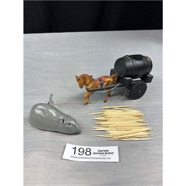 Guinness Horse and Barrel Toothpick Holder and Vintage Windup Tin Mouse