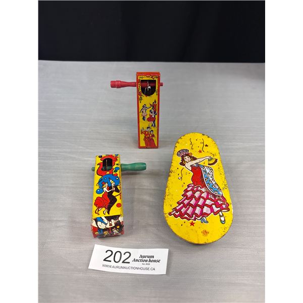 Lot of 3 Vintage Tin Litho Tin Rattles