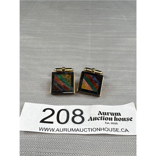 Vintage Quality Genuine Gemstone Inlaid Gold Plate Cufflinks Exquisite!