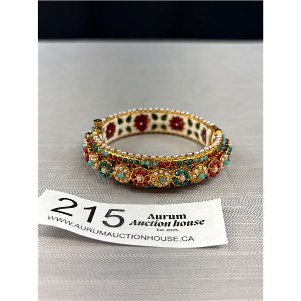 Gorgeous Fully Enameled Gold Pearl Turqouise Ruby Cuff Bangle