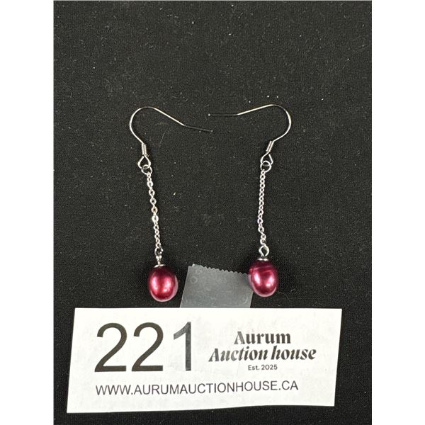 Vintage Genuine Burgendy Pearl Drop Earrings Silver Serrings