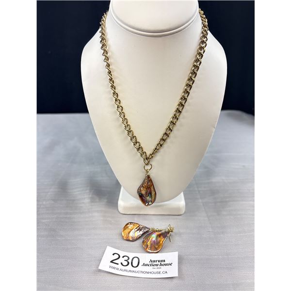 Large Iridescent Sheel Earrings and Matching Pendant On 18" Chain