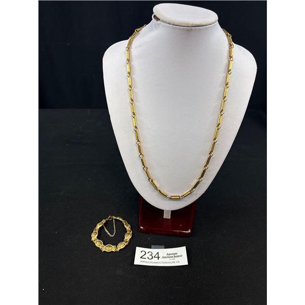 Nice Old Heavy 25" Gold Tone Chain and 7" Panel Bracelet w/ Safety Chain