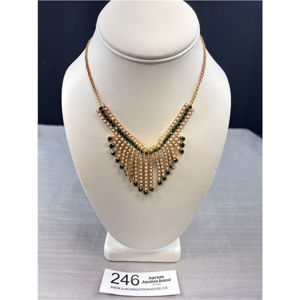 Beautiful Choker Necklace Gold Plated w/ Pearls + Green Stones, 15" Length