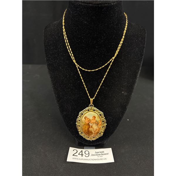 Vintage Gold Plated Porcelain Stone Pendant w/ Chain Necklace