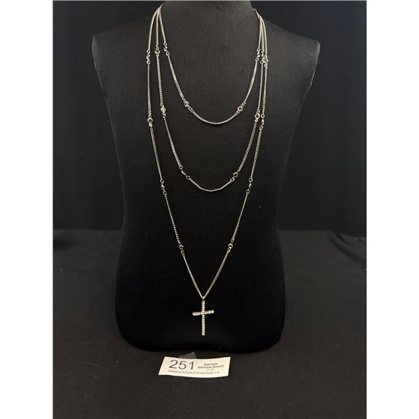 Triple Strand Silver Necklace w/ Rhinestones Cross Pendant