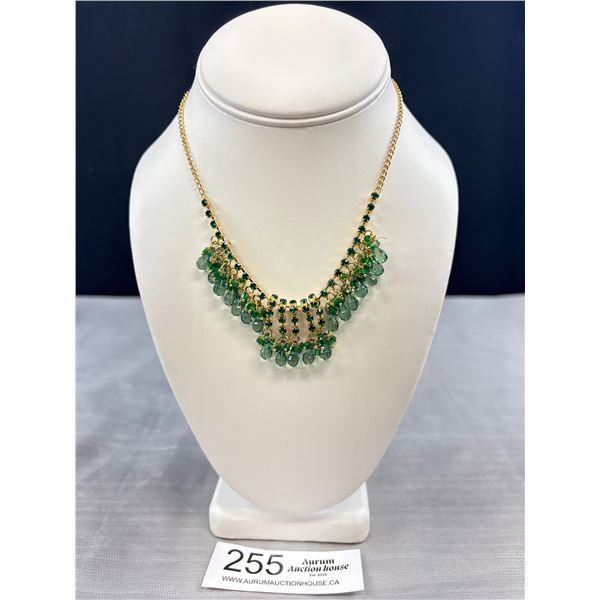 Lovely Gold Plated w/ Green Rhinestones + Tassels Choker Necklace