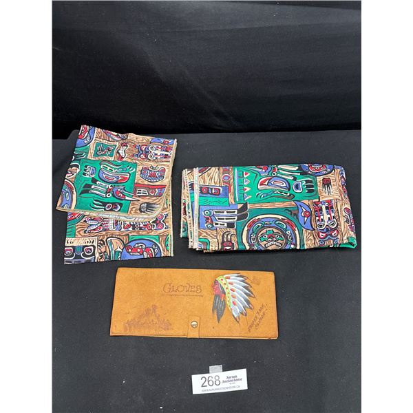 Vintage West Coast Native Leather Souviner + Native Print Tablecloth + 2 Placemats