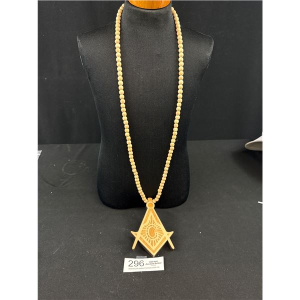 Wooden Beads w/ Hand Crafted Mason or Masonic Design Pendant Necklace Marked Good Wood NYC