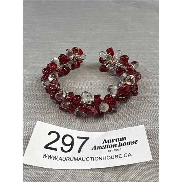 Vintage Clear + Ruby Red Glass Beads Open Cuff Bangle Bracelet