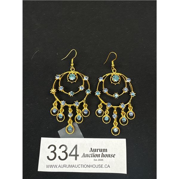 Lovely Pair of Gold Plated w/ Blue Color Rhinestone Earrings