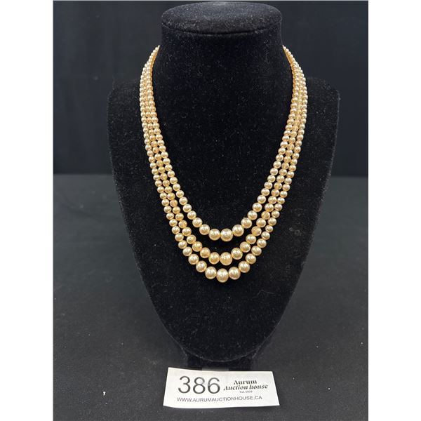 Vintage Triple Strands Pearls Necklace w/ Original Silver Clasp, Marked Evco