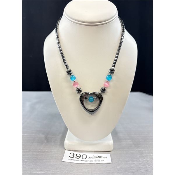 Black Magnetic Stone Heart Pendant w/ Beads Necklace