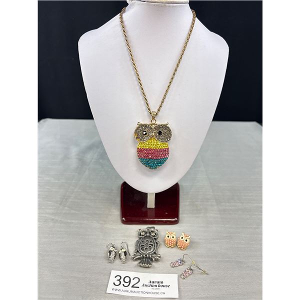 Owl Pendant w/ Rhinestones + Chain Necklace One Pendant + 3 Pairs of Earrings
