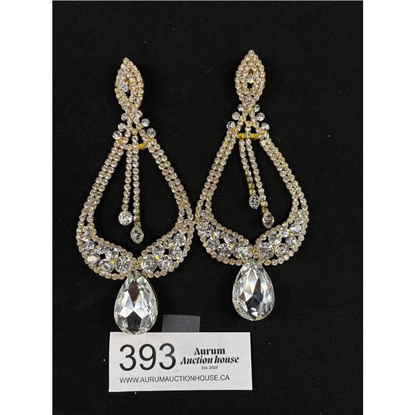 Gorgeous High Carat Gold Plated w/ Glass + Rhinestones Large Pair of Dangle Earrings