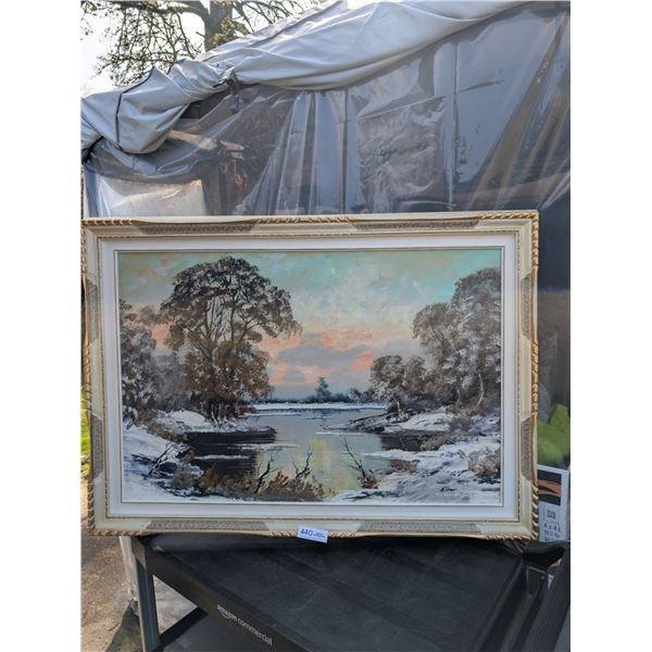 Very Nice Vinatge Professionally framed 42" x 30" signed oil Painting Winter Lake Scene