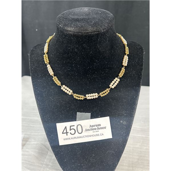 Lovely Gold Tone Beads + Pearls Choker Necklace