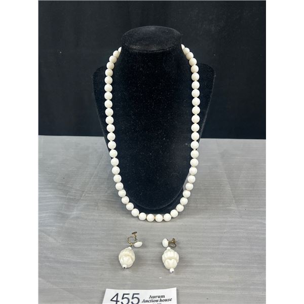 Vintage Milk Glass Beads Necklace + Pair of Screw on Earrings