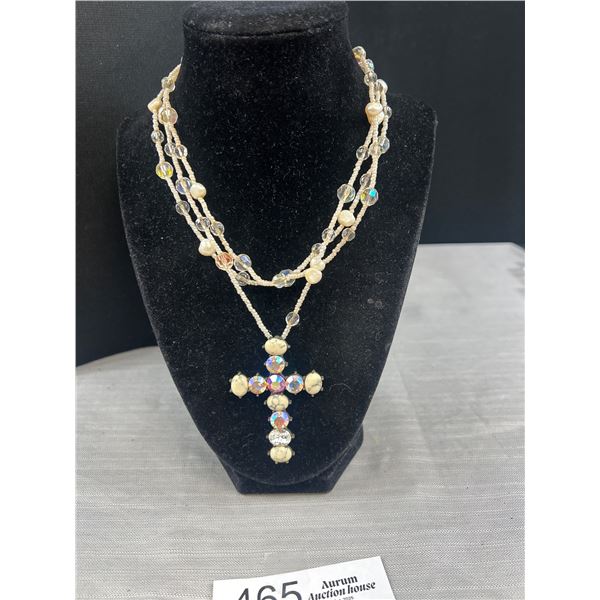 Genuine Pearls + Crystal Beads Necklace w/ Misc Stones Cross Pendant
