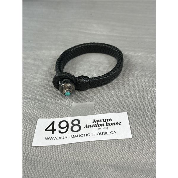 Vintage Leather w/ Silver + Turquoise Bangle Bracelet