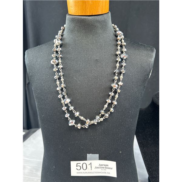 Vintage Linked Black Crystal Beads Necklace, Double Length 45"