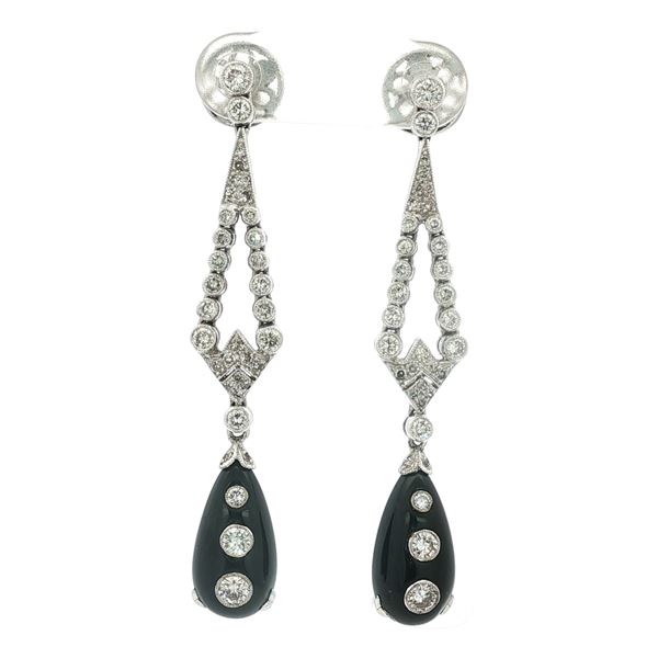 15K White Gold Art Deco Diamond & Onyx Drop Earrings