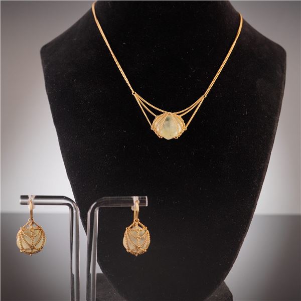 18K Gold Chain-Wrapped Green Gemstone Necklace and Earrings