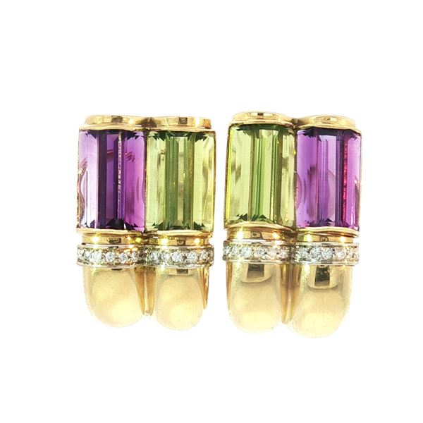 18K Gold Diamond Purple and Green Amethyst Clip Earrings