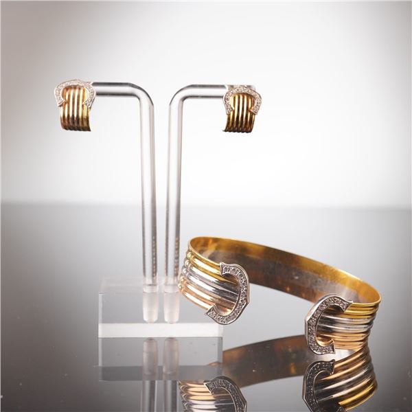 18K Tri-Color Gold Diamond Double C Open Cuff Bracelet and Earrings