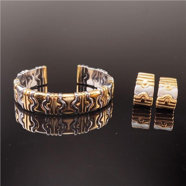 18K Two-Tone Gold Parentesi Style Cuff Bracelet and Earrings