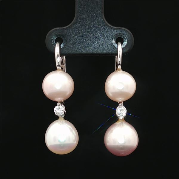 18K White Gold Diamond and Pearl Leverback Drop Earrings