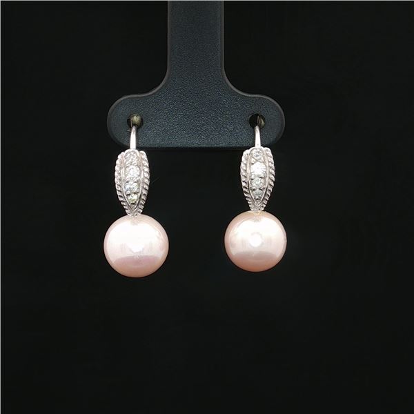 18K White Gold Diamond and Pearl Leverback Earrings