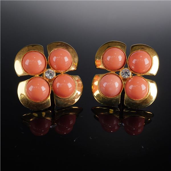 A Pair of Valentino Gold-Toned Pink Coral Cabochon and Crystal Clip-On Earrings