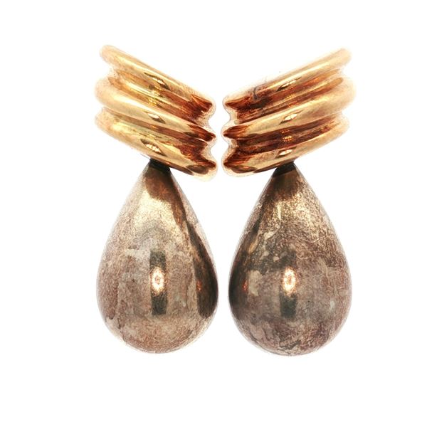 Pair of 18K Gold and Sterling Silver Bayanihan Tear Drop Earrings