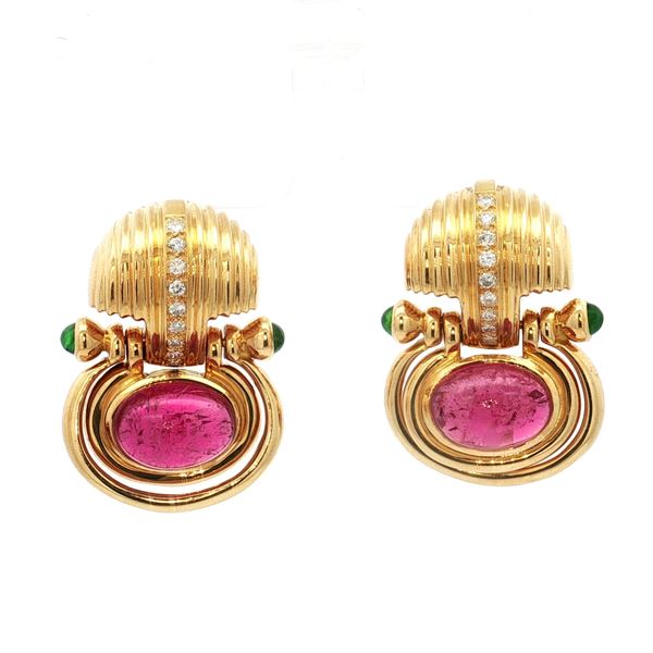 Pair of 18K Gold Earrings w/ Diamonds, Emeralds & Tourmaline Cabochons