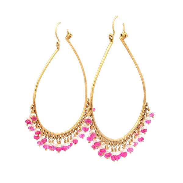 Pair of 18K Gold Fringed Hoop Earrings w/ Saffire & Pearl Beads