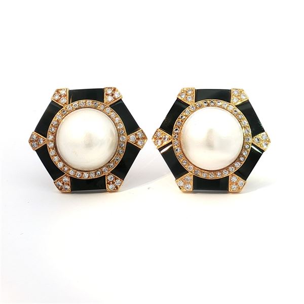 Pair of 18K Gold Mabe Pearl and 1.00ctw Diamond Earrings