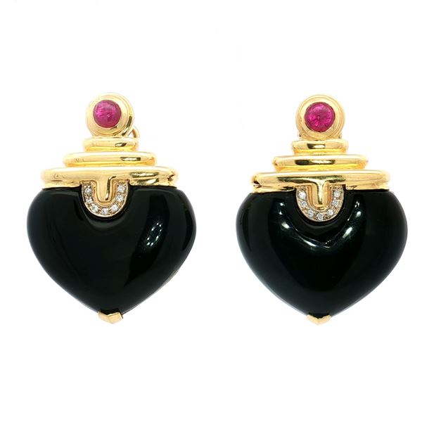 Pair of 18K Gold, Diamonds, Ruby & Onyx Dangle Earrings