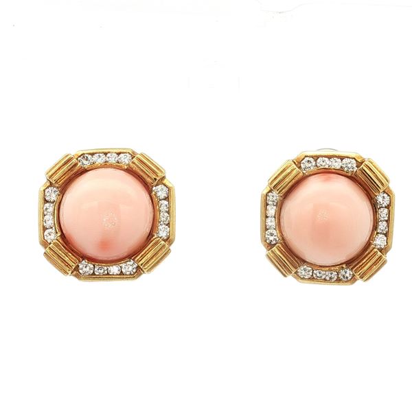 Pair of La Triomphe 18K Gold, Coral & Diamond Earrings