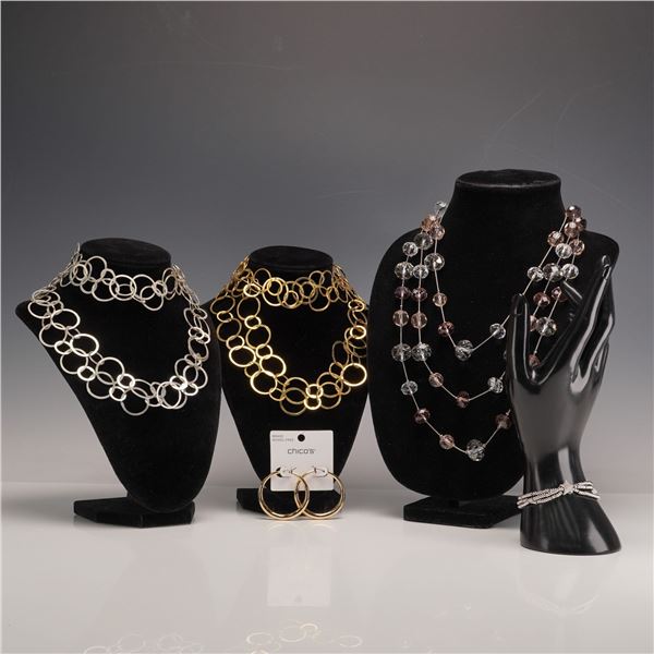 5pc Necklaces/Belts, Chicos Star Bracelet & Gold Toned Hoop Earrings