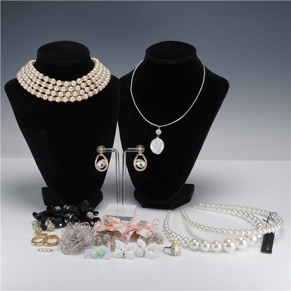 17pc Costume Jewelry, Earrings, Necklaces, Brooches, and Faux-Pearl Hair Accessories