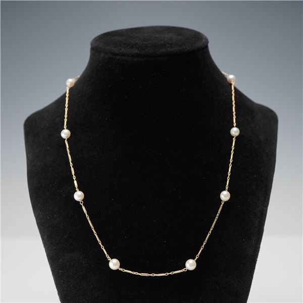 14K Gold Cultured Pearl Station Necklace