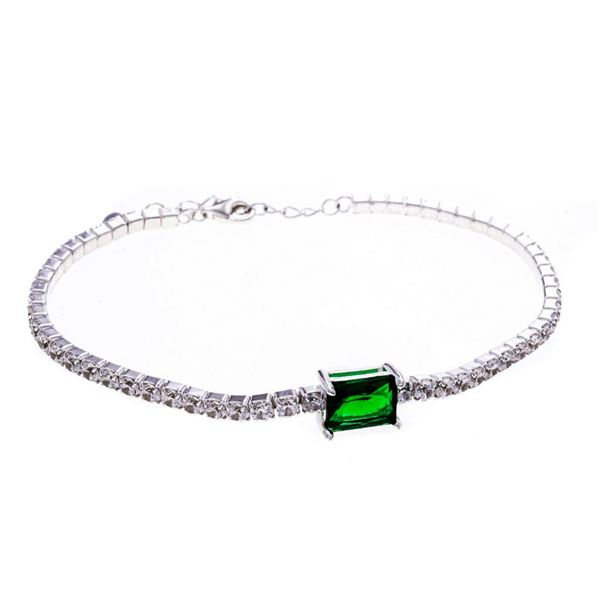 925 Sterling Silver Tennis Style Bracelet w/Green