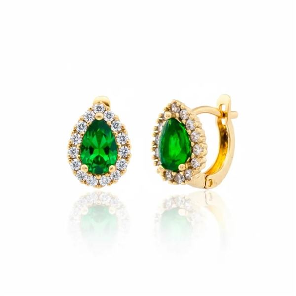 Earrings, Pear Chape Emerald Green CZ with Halo of
